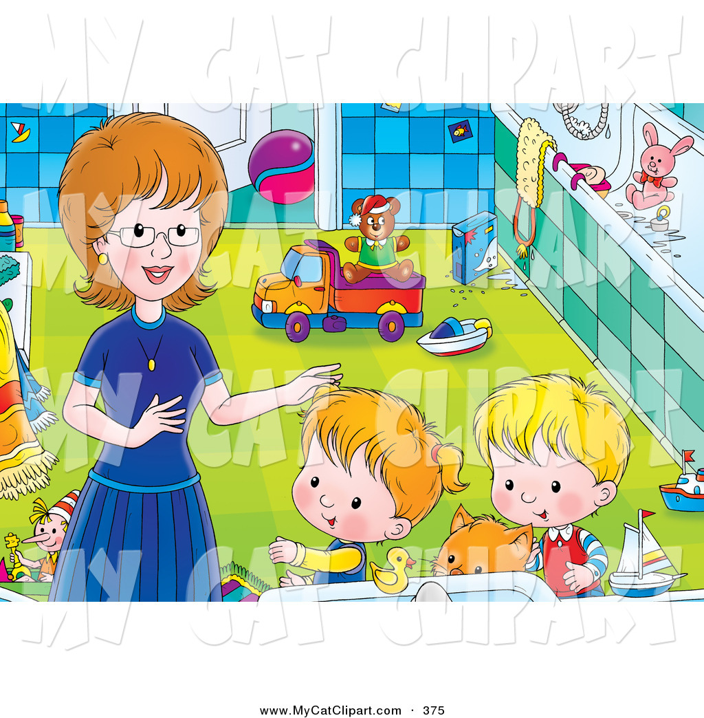 Larger Preview  Clip Art Of A Cat And Two Kids With Light Hair Getting    