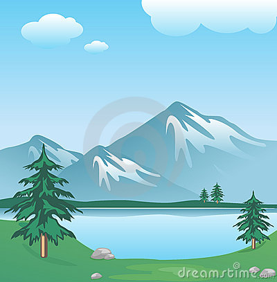Snowy Mountain With Clouds Lake Trees And Grass Stock Photography