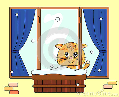 Stock Vector   At Sitting On The Window And Watching To The Snow