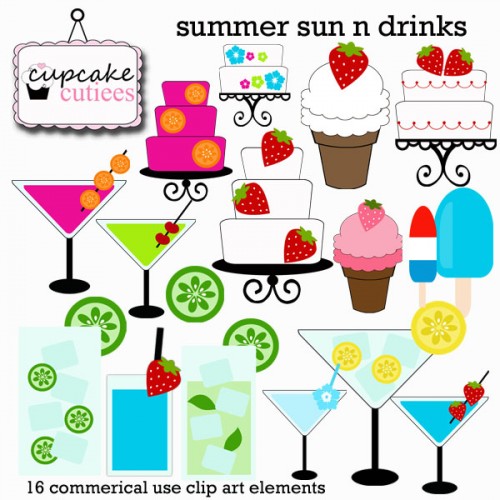 Summer Sun N Drinks Commerical Use Elements Clip Art Summer Clipart
