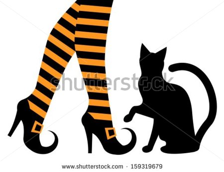 Witches Feet In Striped Socks And Shoes And A Black Cat   Stock Vector