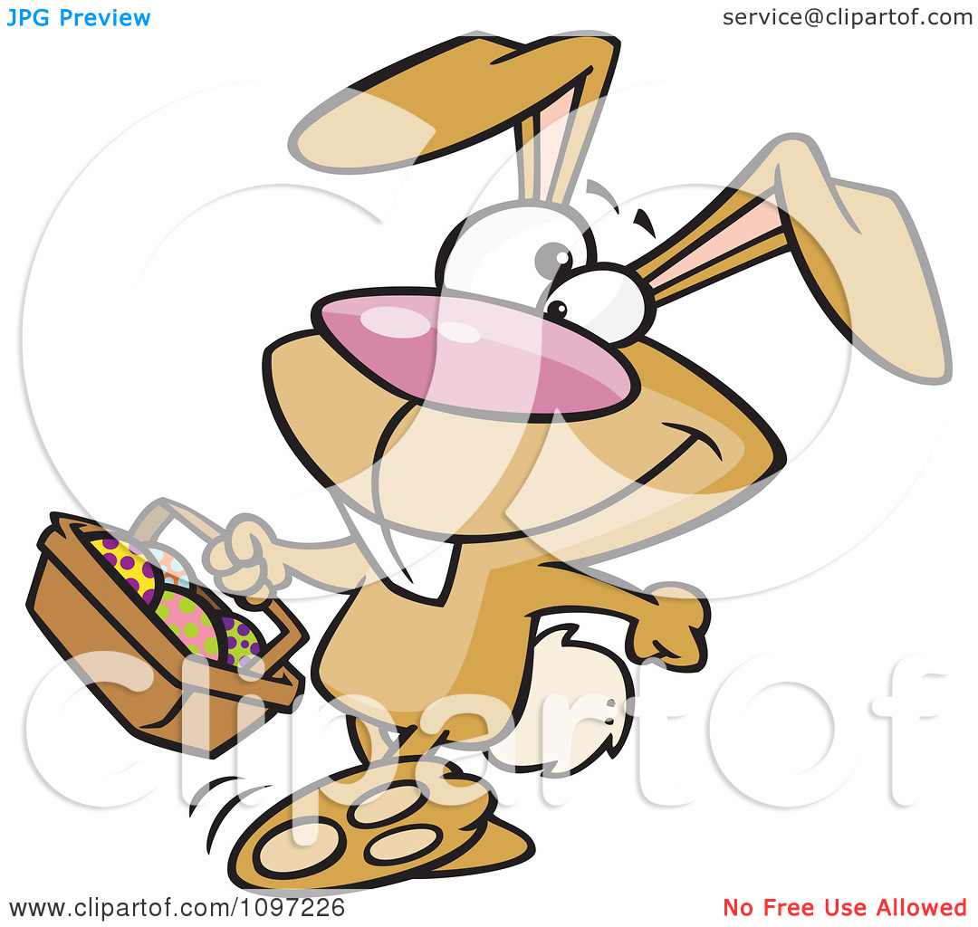 Clipart Happy Brown Easter Bunny Carrying A Basket Of Eggs   Royalty    