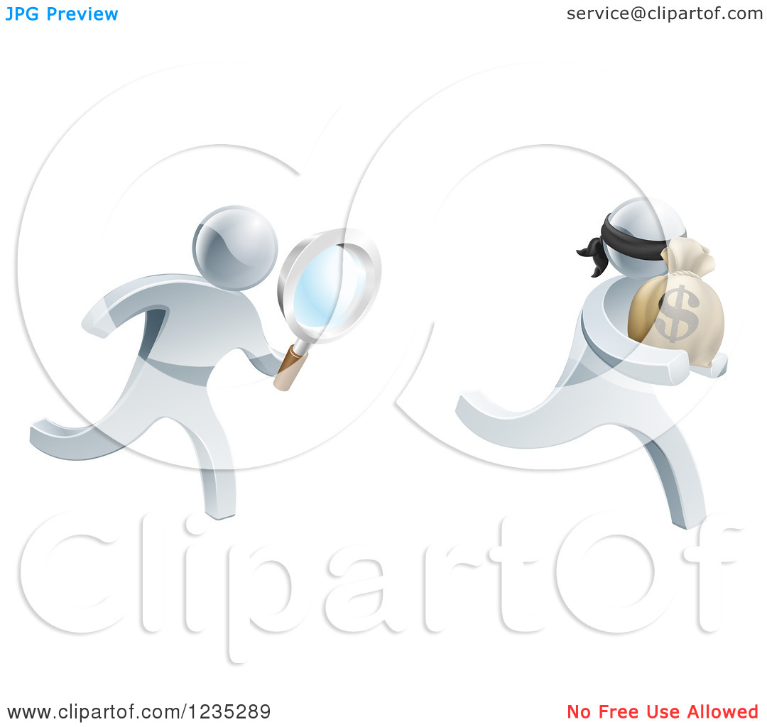 Clipart Of A 3d Silver Detective Chasing A Thief With A Magnifying