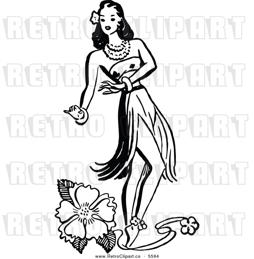 Clipart Of A Retro Black And White Coloring Page Outline Hawaiian Hula    