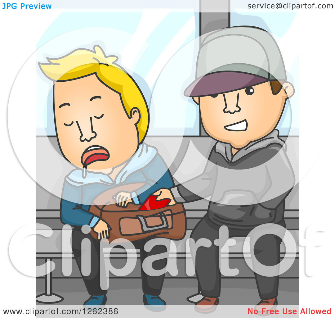 Clipart Of A Thief Stealing From A Man Sleeping On A Subway Train