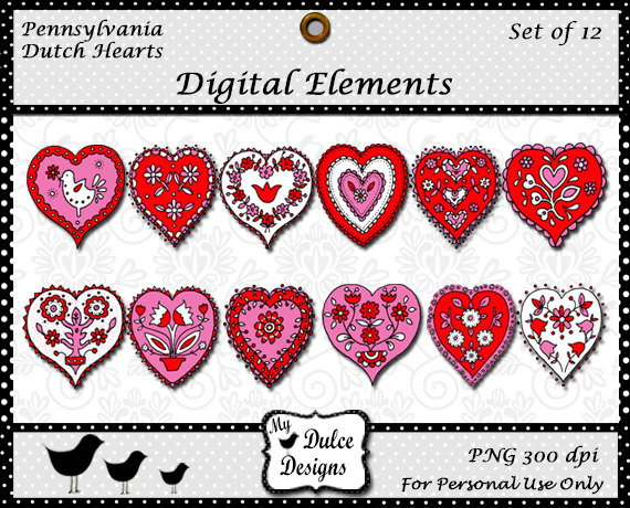 Digital Clip Art Pennsylvania Dutch Hearts Embellishments Clipart