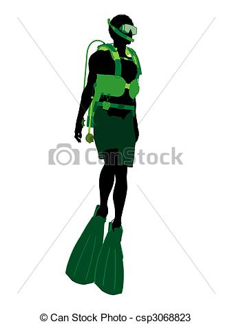 Drawings Of African American Male Scuba Diver Illustration Silhouette