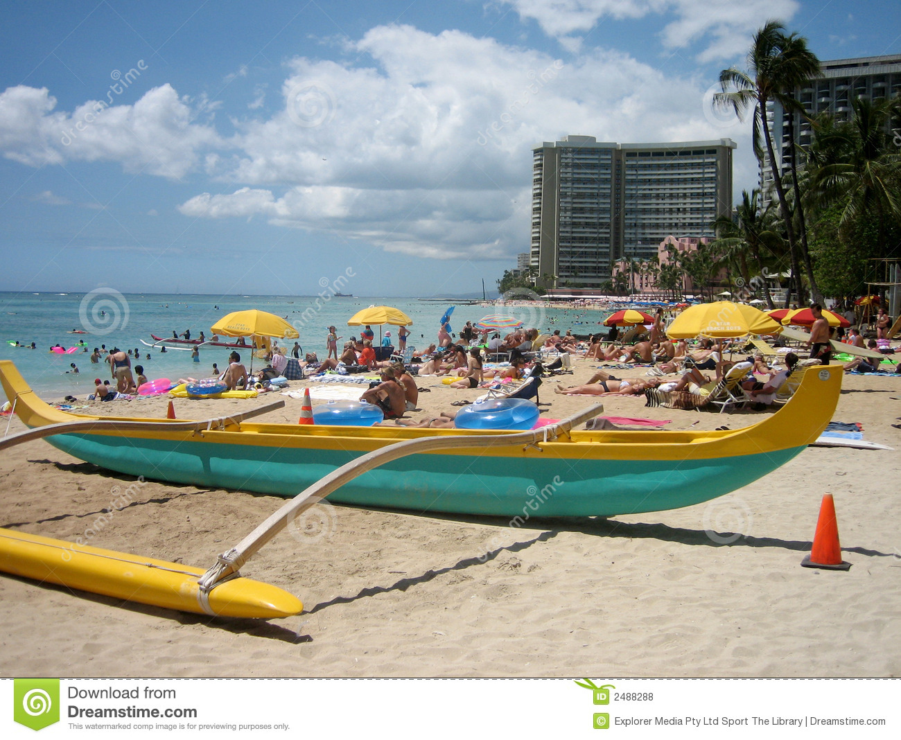 Hawaiian Canoe On Waikiki Beach Is A Recreational Rental For Beach    