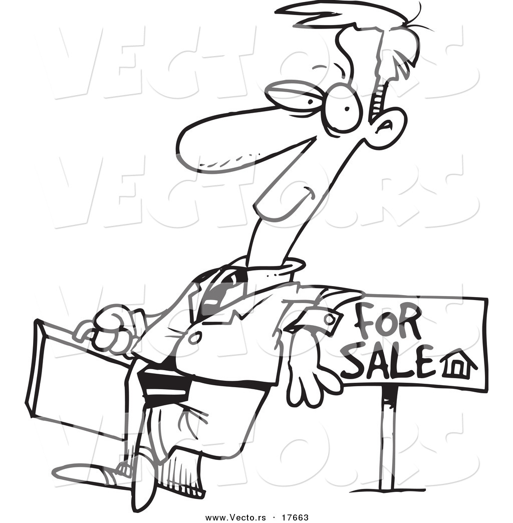 Realtor Leaning On A Sale Sign   Coloring Page Outline By Ron Leishman