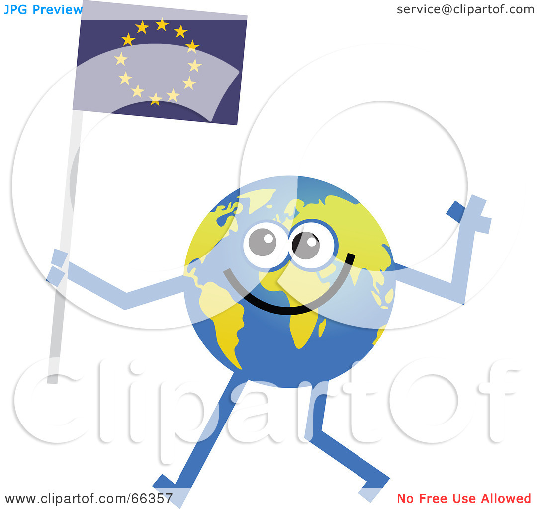 Rf  Clipart Illustration Of A Global Character Carrying A Europe Flag
