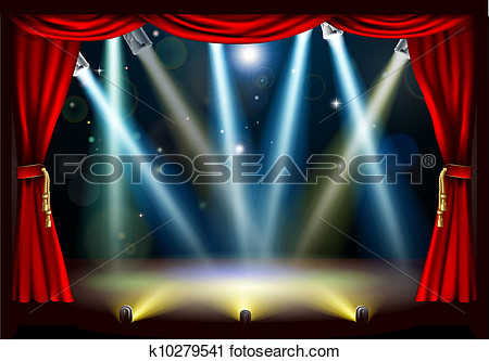 Spotlight Theatre Stage With Coloured Spotlights And Red Stage