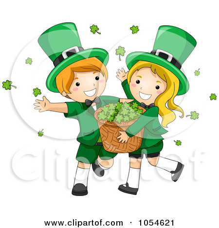    St Patricks Day Leprechaun Boy And Girl Carrying A Basket Of Shamrocks