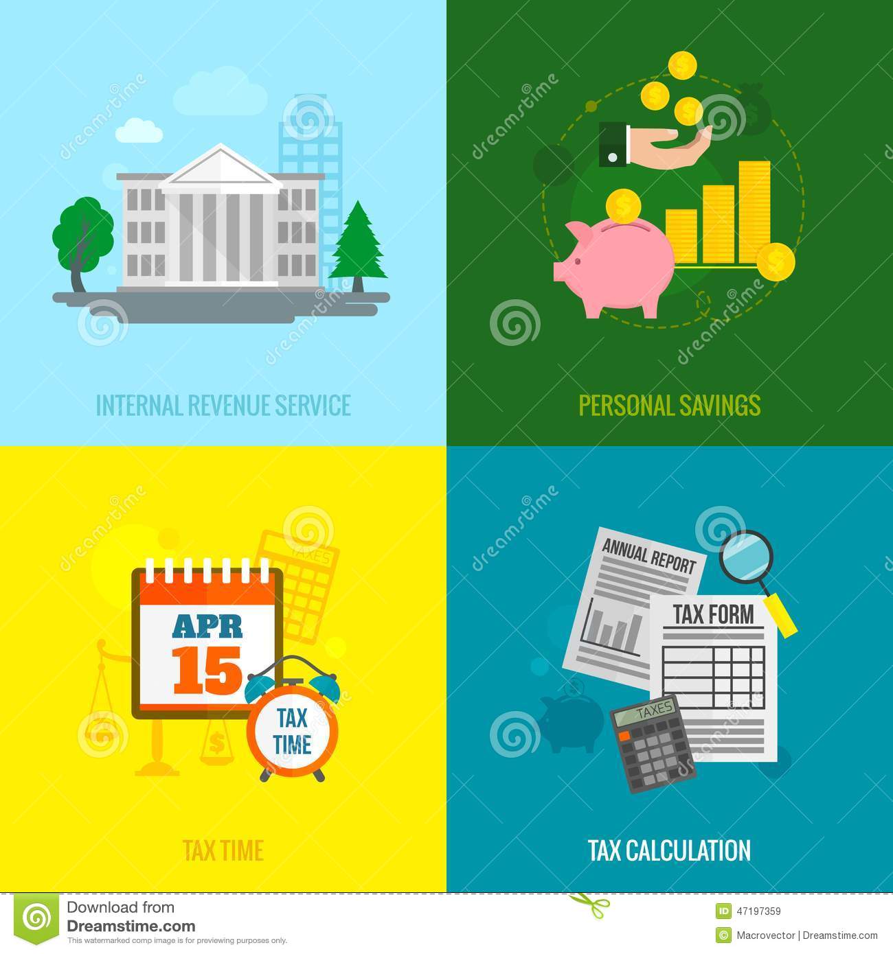 Tax Flat Icons Set With Internal Revenue Service Personal Savings Time