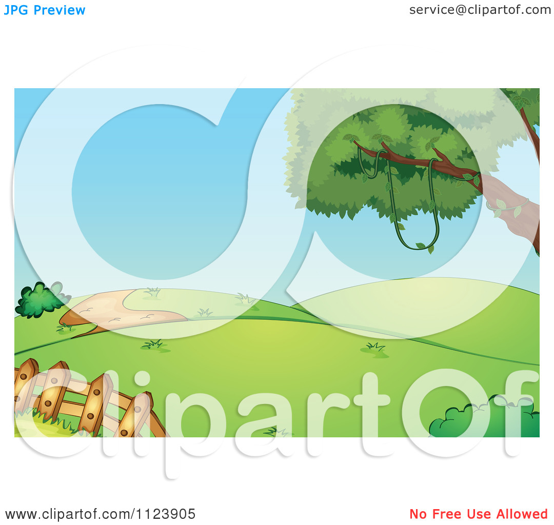Cartoon Of Rolling Hills With A Picket Fence And Tree   Royalty Free    