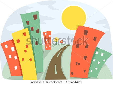 Scene With Colorful And Tall Buildings Under The Sun   Stock Vector