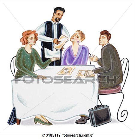 Stock Illustration Of Three People Sitting At Restaurant Table  Waiter