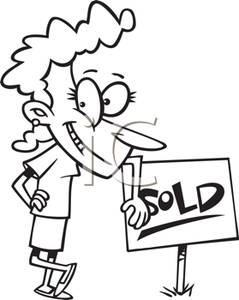 Black And White Cartoon Of A Realtor Standing Next To A Sold Sign    