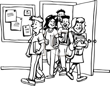 Black And White Cartoon Of Kids Leaving Class   Royalty Free Clipart