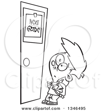 Clipart Of A Cartoon Black And White School Boy Looking Up At A Next    