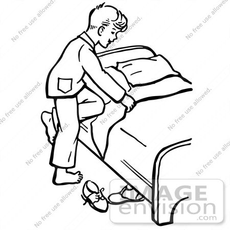 Clipart Of A Retro Boy Climbing Into Bed In Black And White   Royalty