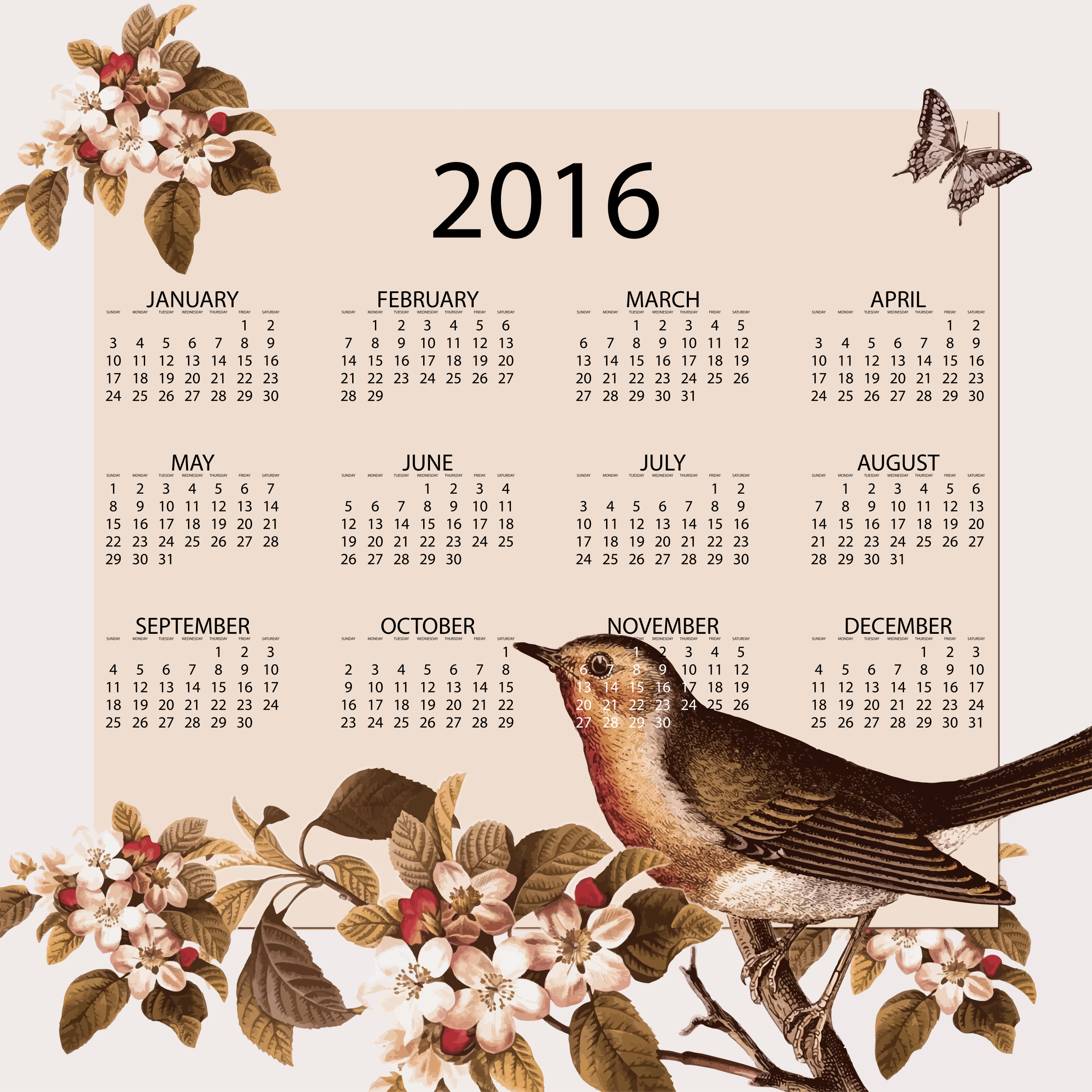Clipart   Vintage Bird And Floral 2016 Calendar