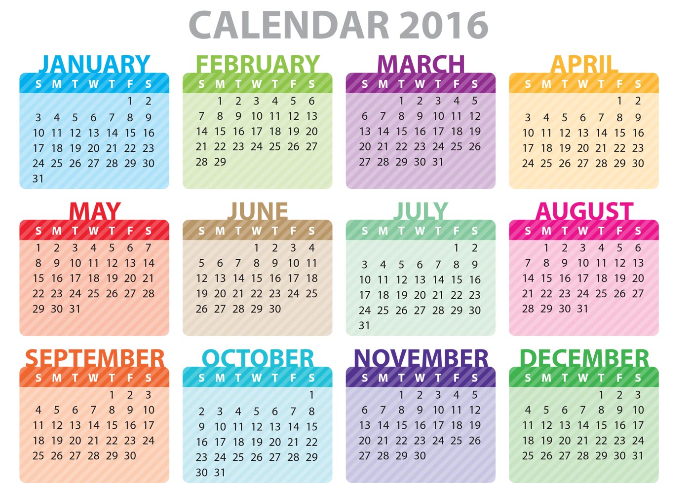 Colorful Calendar 2016   Download Free Vector Art Stock Graphics