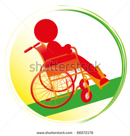Disabled Person Sitting In Wheelchair Driving Up A Ramp Stock Photo