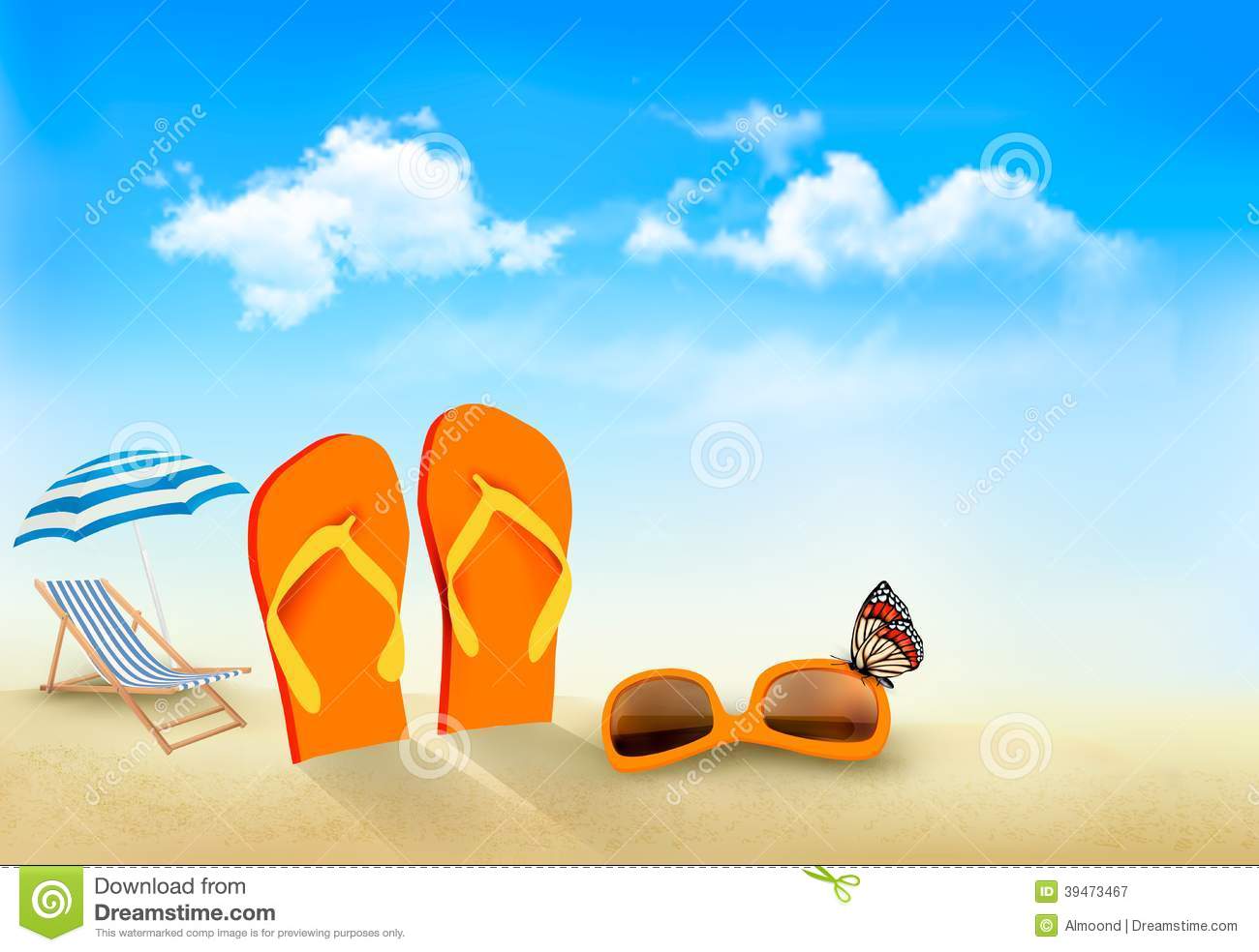 Flip Flops Sunglasses Beach Chair And A Butterfly On A Beach  Summer