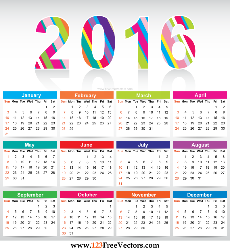 Free Colorful Calendar 2016 Vector Template   123freevectors