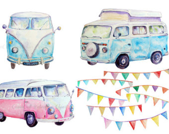 Hand Painted Watercolor Camper Vans Blue And Pink And Buntings    