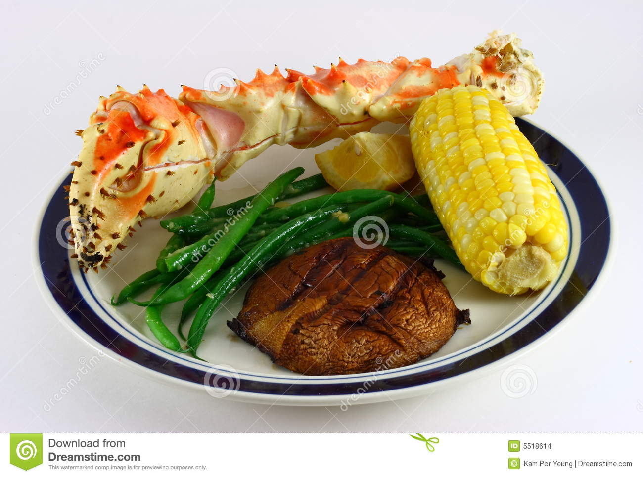     Plate With A King Crab Leg A Cob Of Corn Green Beans And A Potato