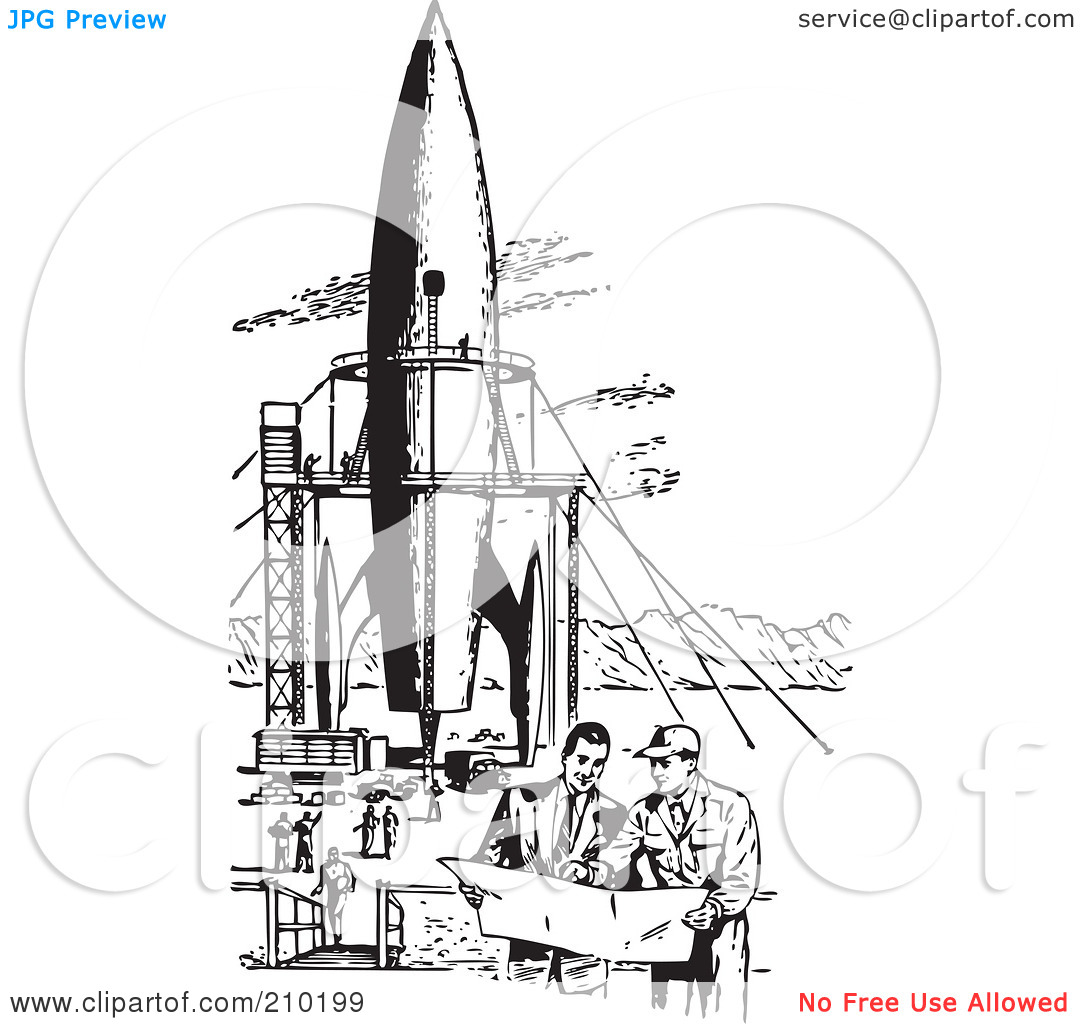 Rf  Clipart Illustration Of Retro Black And White Men By A Missile