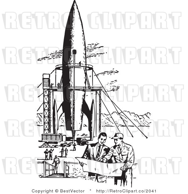 Royalty Free Black And White Retro Vector Clip Art Of A Missile By