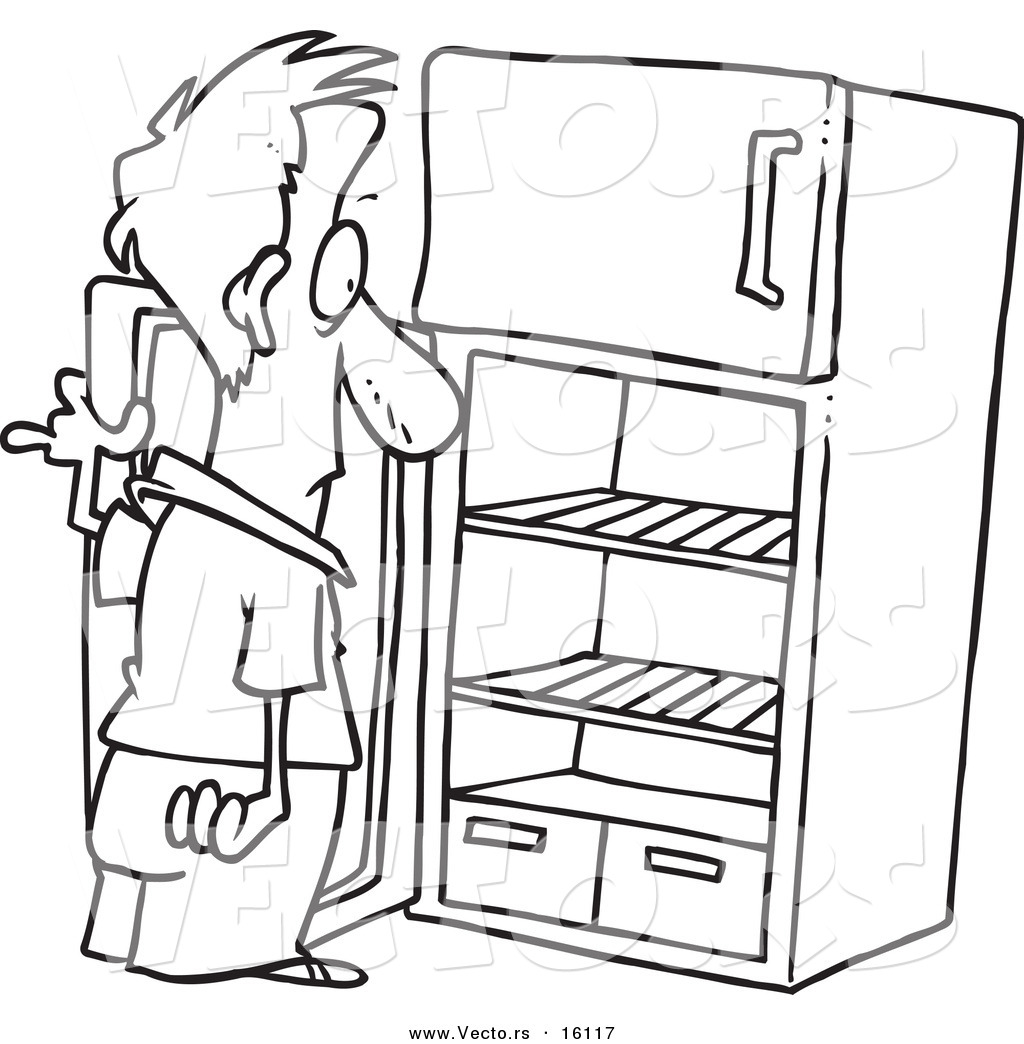 Vector Of A Cartoon Man Staring In An Empty Fridge   Outlined Coloring