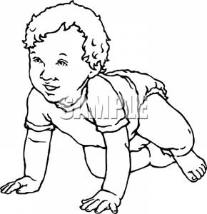 Clipart Image Of Black And White Cartoon Baby Learning To Crawl 