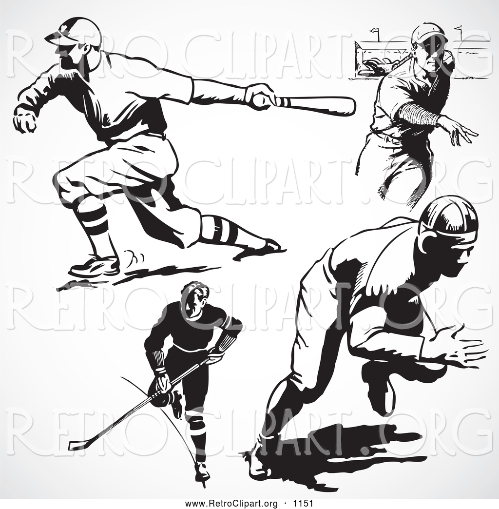 Clipart Of A Retro Black And White Hockey And Baseball Players