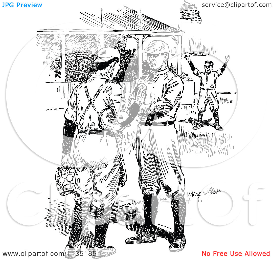 Clipart Of Retro Black And White Baseball Players Talking   Royalty