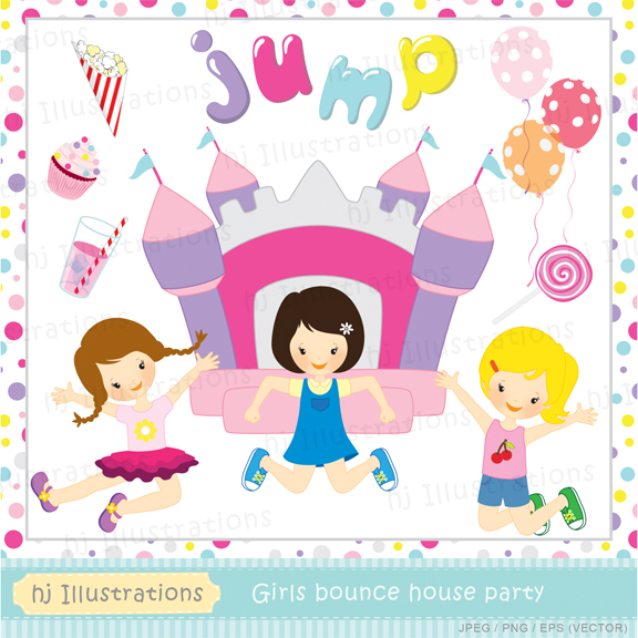 Girls Bounce House Party Digital Clipart   Matching Digital Papers