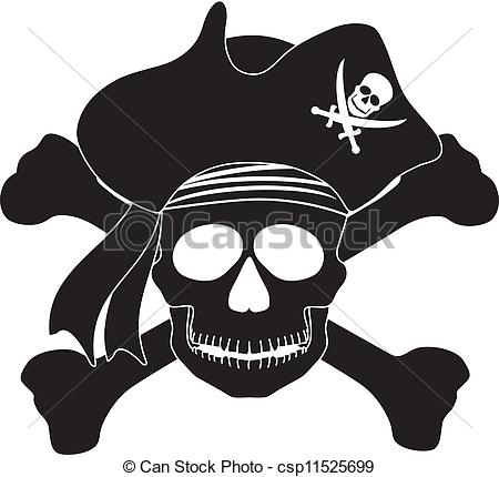 With Captain Pirate Hat And Cross Bones Black And White Illustration
