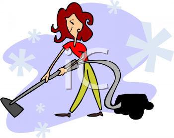 Cartoon Woman Using A Canister Vacuum   Royalty Free Clipart Image