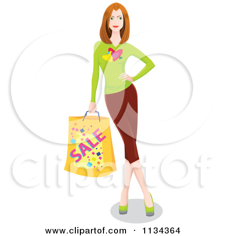 Clipart Of A Woman Leaning And Carrying A Shopping Bag 2   Royalty    