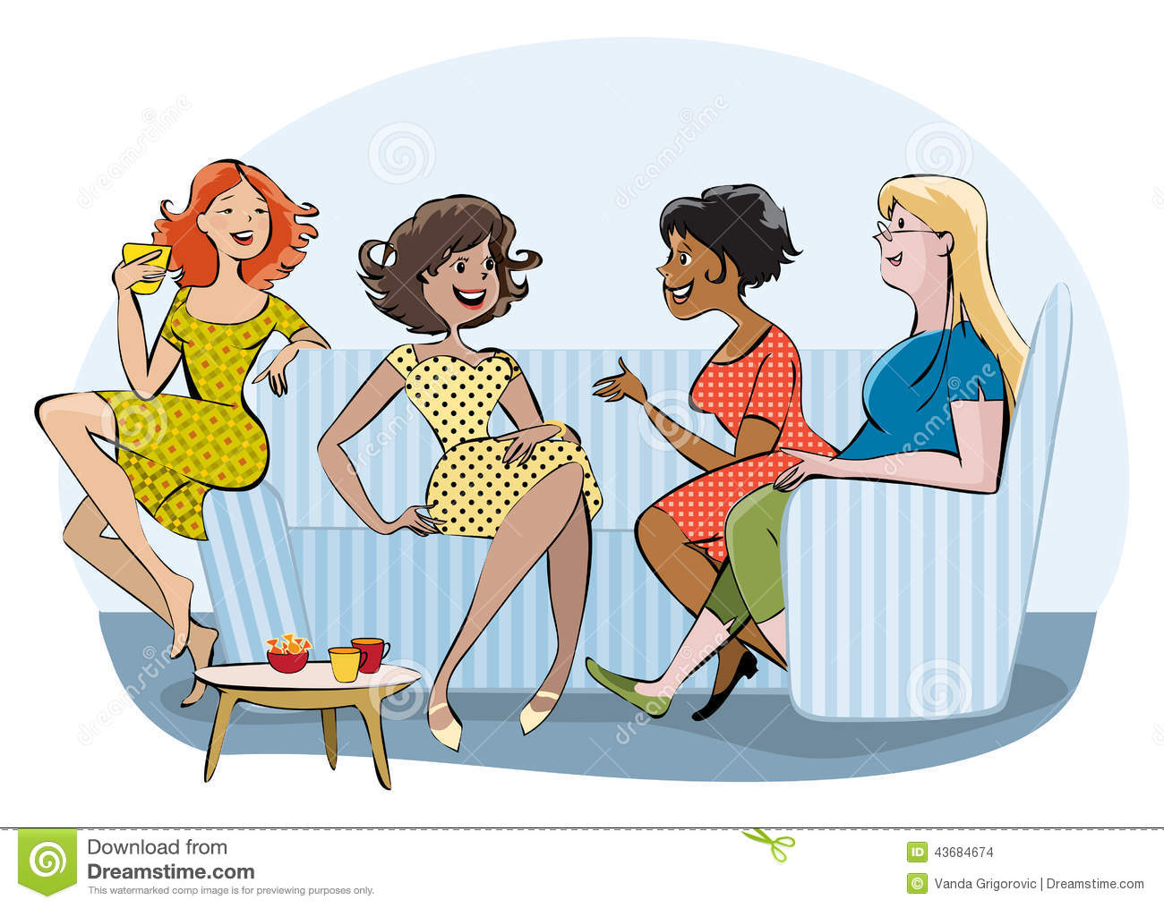 Vector Cartoon Of A Group Of Women Chatting And Drinking Coffee