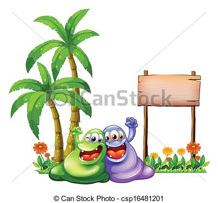 Vector Clipart Of Two Monsters Having Fun In Front Of The Empty Wooden    