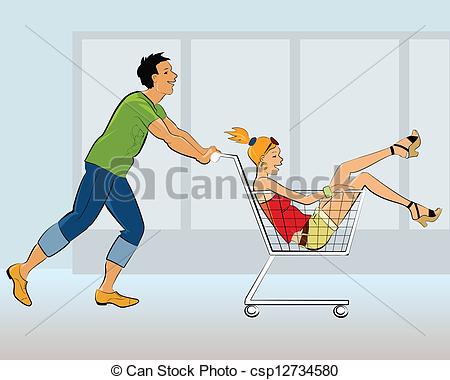 Vector Of Couple Having Fun In A Store   Young Guy Pushing A Shopping    