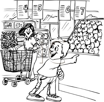 Black And White Cartoon Of A Boy At The Supermarket With His Mom    