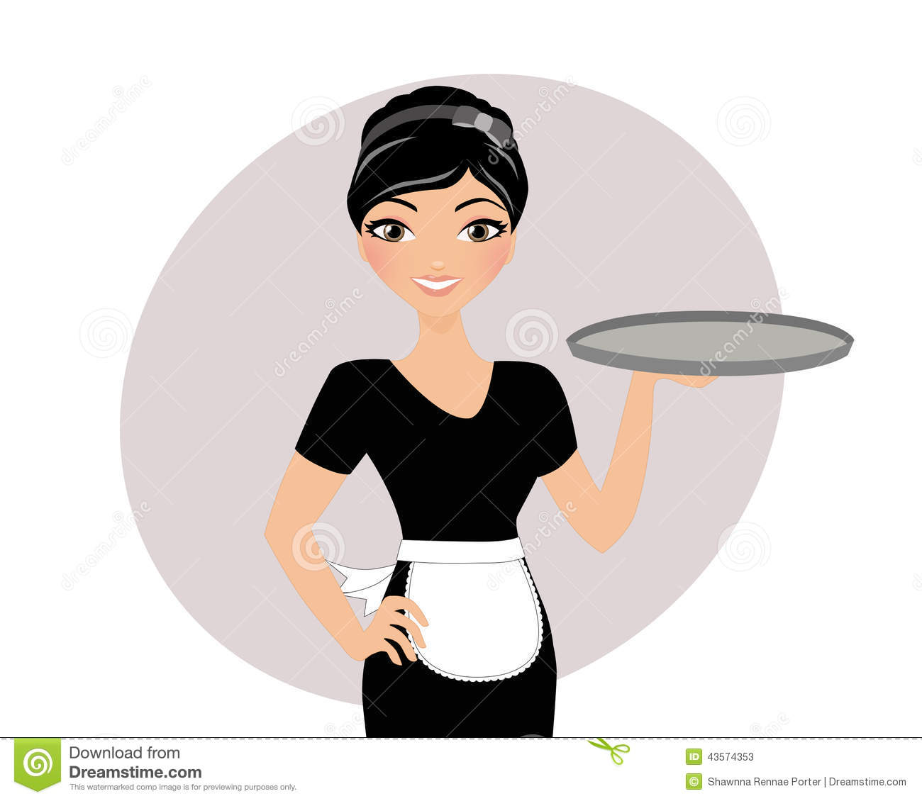 Catering Waitress In Black Dress And White Frill Apron Holding Empty