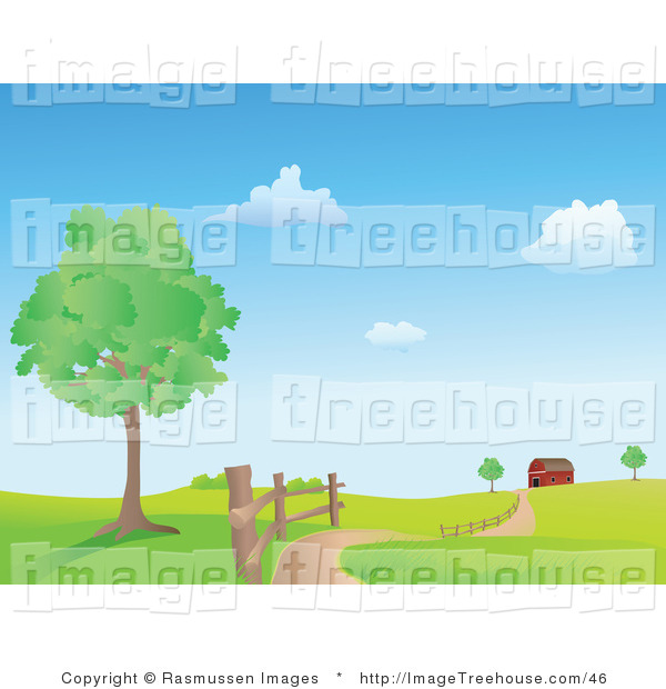 Clipart Of A Dirt Road Winding Along A Fence By A Tree Leading To A    