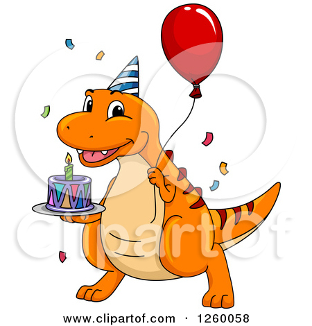 Clipart Of A Happy Birthday Dinosaur Holding A Balloon And Cake    