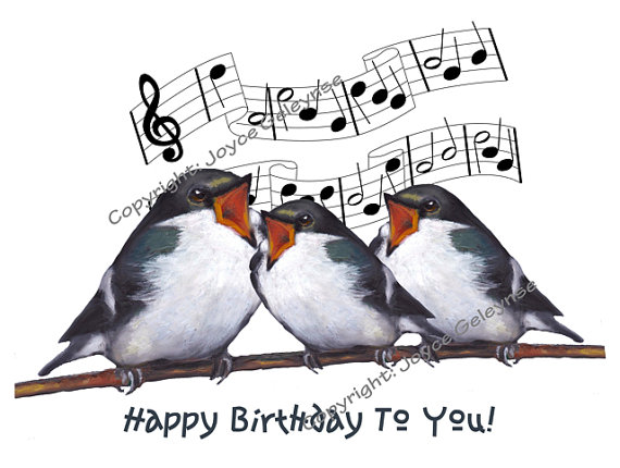     Happy Birthday Original Art Musical Notes Wildlife Instant
