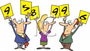 Of Three Judges Holding Up Score Cards   Royalty Free Clipart Picture